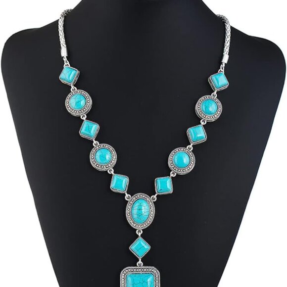 Bohemian Turquoise Necklace Set - Women's Western Jewelry with Long Choker, Pend - Picture 4 of 7